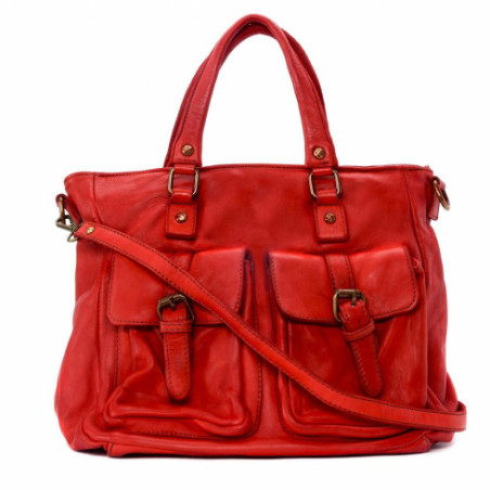 sac à main rouge clair forme cabas pour femme en cuir vintage italien souple