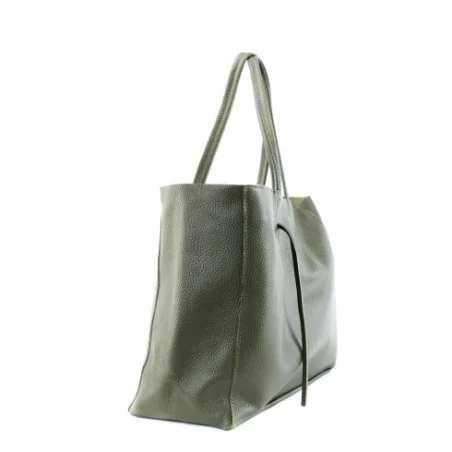 Sac cabas mode femme en cuir grainé italien porté main vert kaki foncé