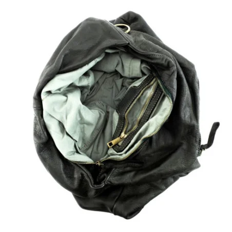 Sac hobo pour femme pur vachette en cuir vintage souple pleine fleur délavé bandoulière amovible et réglable kaki foncé