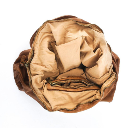 Sac hobo pour femme pur vachette en cuir vintage souple pleine fleur délavé bandoulière amovible et réglable cognac foncé