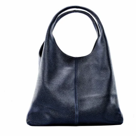 Sac hobo tendance femme en cuir grainé porté épaule et main bleu foncé