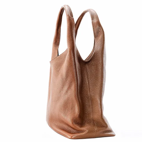 Sac à main tendance femme en cuir grainé italien porté épaule cognac foncé