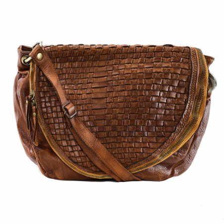 Sac femme en cuir souple délavé et tressé italien porté bandoulière ou épaule cognac