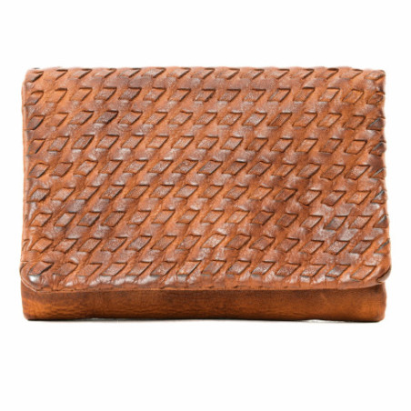 Portefeuille porte-monnaie femme tendance en cuir tressé porté main orange patiné
