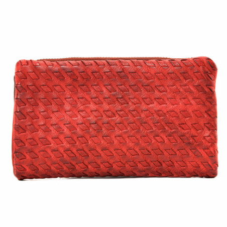 Portefeuille porte-monnaie femme tendance en cuir tressé porté main rouge