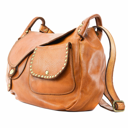 Sac à main besace femme en cuir vintage souple pur vachette avec bandoulière couleur cognac