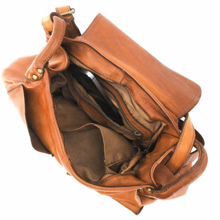 Besace bandoulière femme en cuir souple délavé couleur cognac pur vachette
