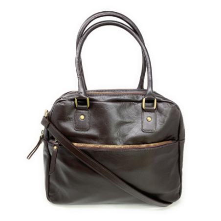 Sac à main femme tendance en cuir lisse porté épaule et bandoulière marron foncé