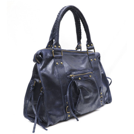 Sac très tendance femme en cuir brossé italien porté épaule avec bandoulière amovible bleu foncé