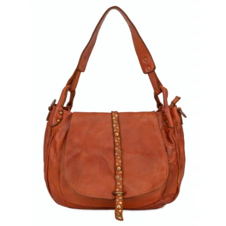 Sac besace porté épaule en cuir vintage pour femme fabriqué en Italie couleur cognac