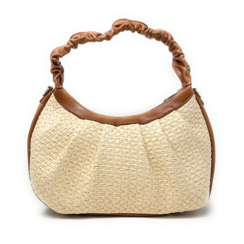 Sac mode femme en paille et cuir porté épaule avec bandoulière réglable cognac sac tendance