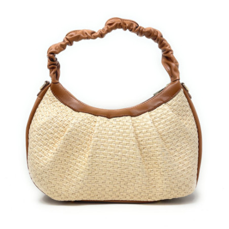 Sac mode femme en paille et cuir porté épaule avec bandoulière réglable cognac sac tendance