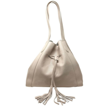 Sac bourse tendance femme en cuir italien grainé porté épaule avec deux anses taupe clair
