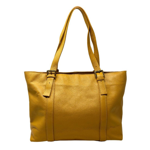 Grand sac femme très tendance en cuir italien grainé porté épaule jaune moutarde sac cabas