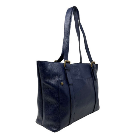 Sac cabas femme tendance en cuir grainé italien porté épaule bleu marine