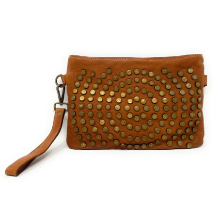 Pochette femme en cuir vintage pur vachette couleur cognac avec bandoulière fabriqué en Italie