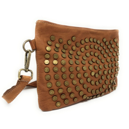 Pochette trousse souple en cuir délavé pour femme pur de vachette couleur cognac avec bandoulière