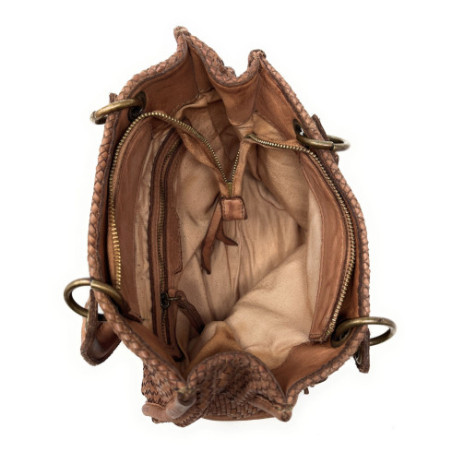 Sac très tendance femme en cuir italien vintage et cuir tressé porté bandoulière cognac