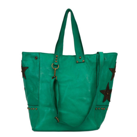 Sac shopping femme en cuir vintage pur vachette vert porté épaule avec bandoulière