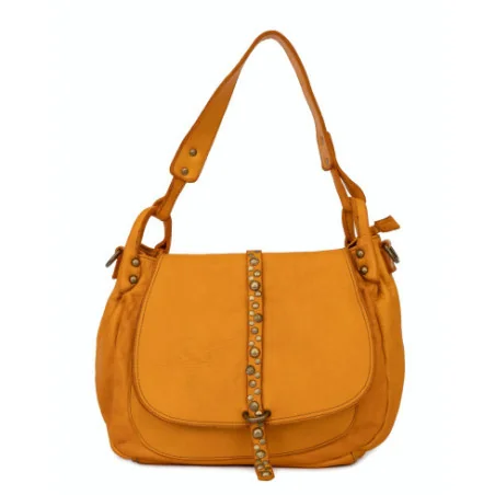 Besace à bandoulière porté épaule en cuir vintage pour femme fabriqué en Italie jaune moutarde
