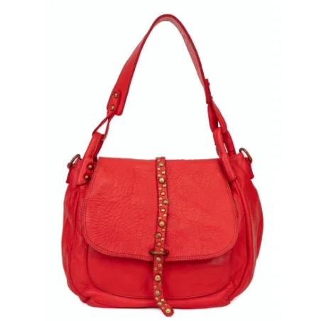 Besace pour femme en cuir souple vintage pur vachette fabriqué en Italie porté épaule avec bandoulière rouge