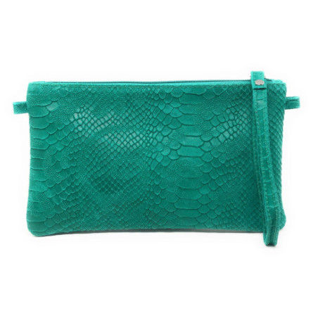 Sac pochette tendance femme en cuir façon serpent porté main épaule de travers et bandoulière vert émeraude