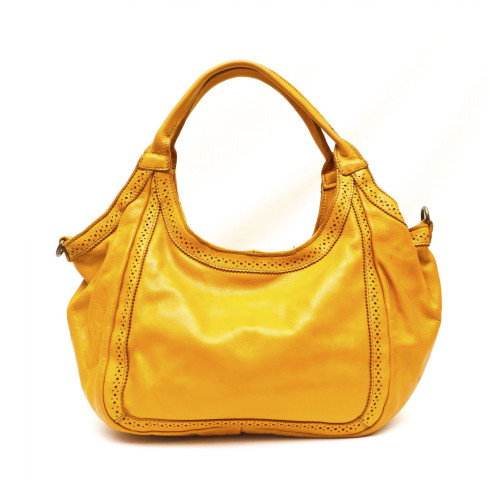 Sac hobo très tendance femme en cuir italien vintage porté épaule jaune moutarde