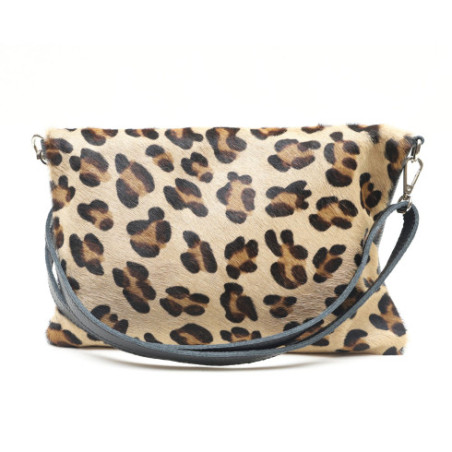 Sac à main femme tendance en cuir à motif grainé porté main épaule de travers et bandoulière léopard