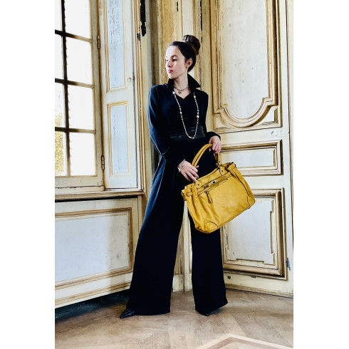 Sac à main haut de gamme femme en cuir vintage porté main épaule et bandoulière jaune foncé sac très tendance
