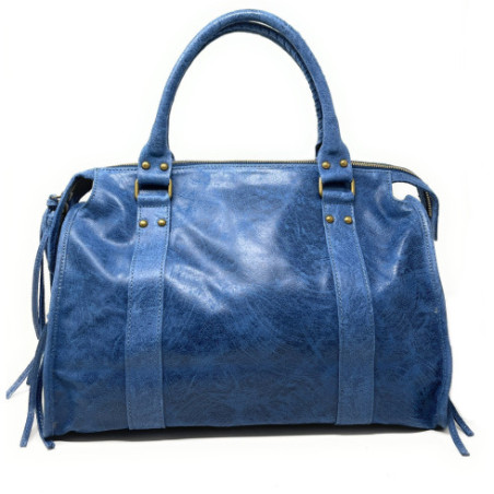 Sac très tendance femme en cuir italien brossé porté épaule avec bandoulière réglable bleu denim