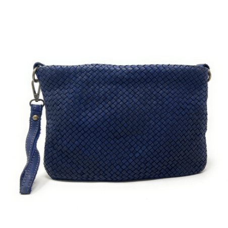 Sac pochette à bandoulière en cuir vintage tressé bleu pour femme fabriqué en Italie
