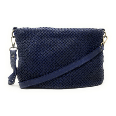 Sac femme en cuir tressé italien couleur bleu avec dragonne et bandoulière