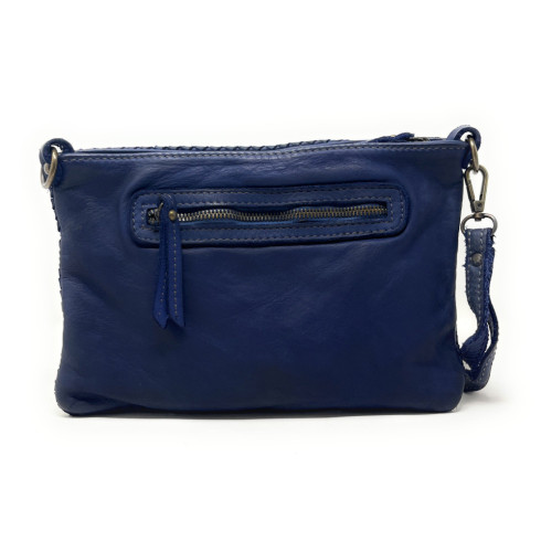 Sac poignet en cuir délavé souple pur de vachette couleur bleu avec bandoulière et dragonne