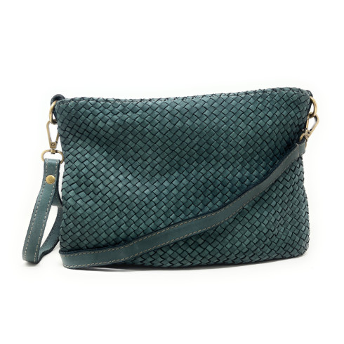 Sac à main pochette à bandoulière en cuir tressé vintage vert pour femme avec dragonne