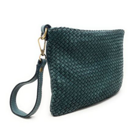 Pochette en cuir vintage pur de vachette vert canard pour femme fabriqué en Italie