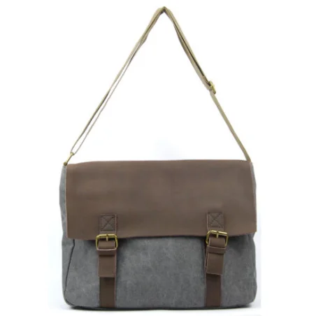 Sac cartable mode mixte en toile et cuir porté bandoulière gris sacoche tendance