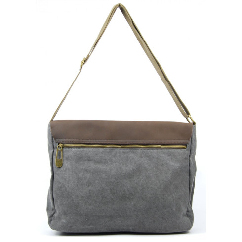 Sacoche mixte en cuir et toile porté travers avec bandoulière ajustable gris cartable tendance