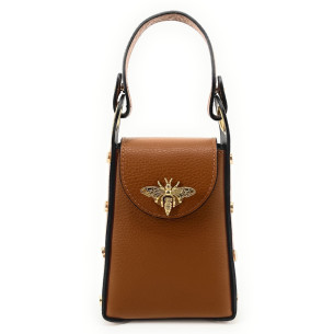 Mini sac à main femme tendance en cuir grainé italien porté main et bandoulière camel