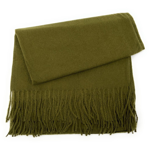 Foulard femme tendance en laine coton et viscose porté autour du cou écharpe et châle vert kaki