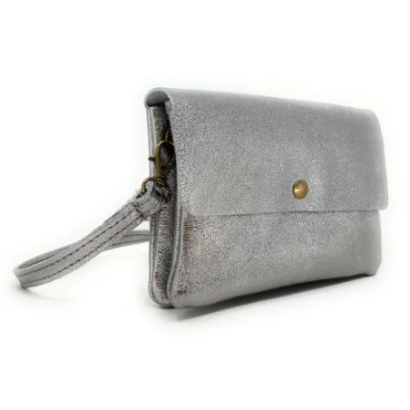Mini sac pochette femme tendance en cuir porté épaule avec bandoulière amovible argent