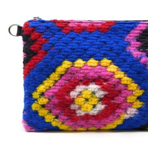 Sac mode femme en coton et cuir porté main avec dragonne pixel bleu roi sac pochette tendance