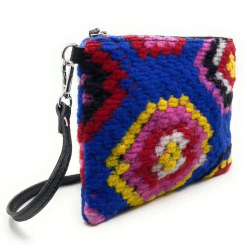 Sac très tendance en cuir et coton porté main et bandoulière pixel bleu roi sac pochette