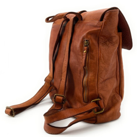 Grand sac à dos haute de gamme en cuir souple pleine fleur vintage délavé camel