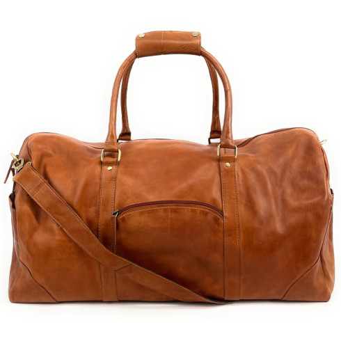 Sac de voyage en cuir de qualité poté main avec bandoulère amovible et reglable camel