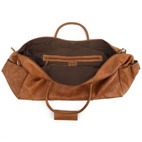Grand sac de voyage porté main et bandoulière en cuir souple pleine fleur vintage délavé camel