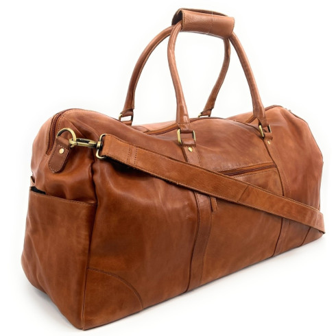 Sac de voyage en cuir italien avec poche frontale bandoulière amovible très souple camel haut de gamme