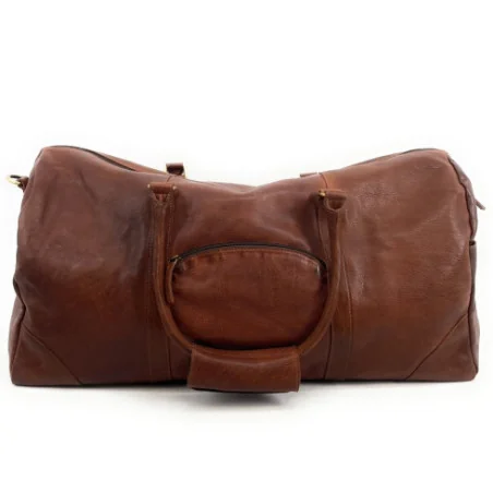 Sac de voyage en cuir de qualité poté main avec bandoulère amovible et reglable marron moyen
