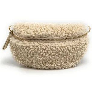 Sac banane bandoulière femme en tissu peluche porté taille et crossbody couleur beige