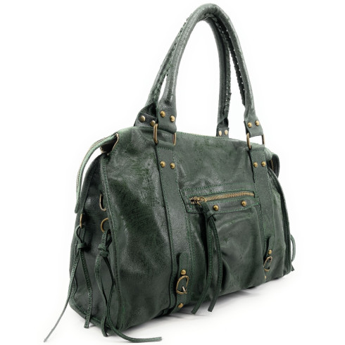 Sac mode femme en cuir italien brossé porté épaule avec bandoulière amovible vert sapin sac tendance