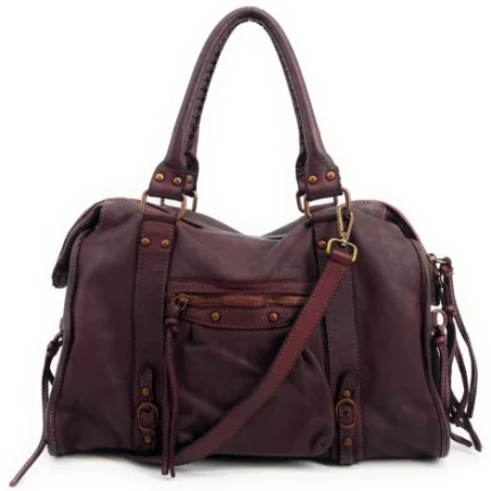 Sac à main tendance femme en cuir italien vintage porté main épaule et bandoulière bordeaux